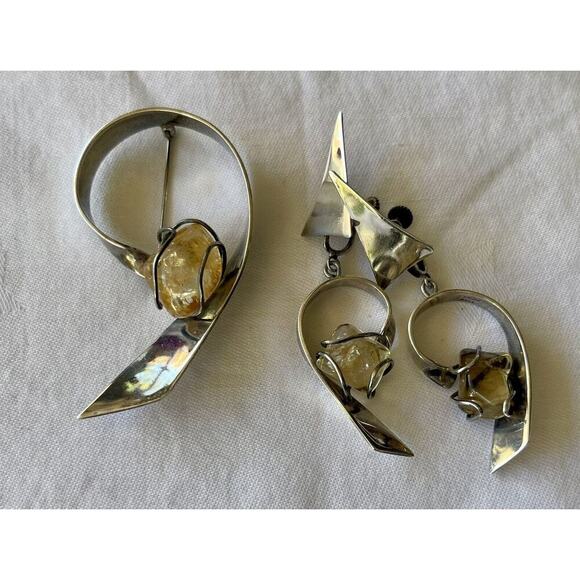 Mildred Ball Sterling Brooch Earrings Modernist MCM Yellow Rutilated Stone Set - Picture 1 of 11